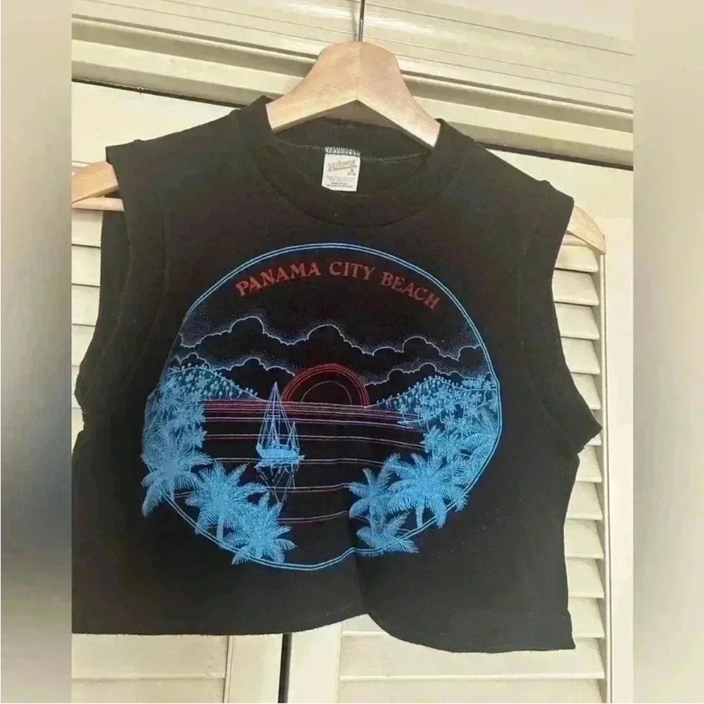 Panama City Beach  Black Graphic Crop Tank Top